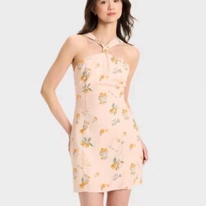Y-neck Orange Print Linen Mini A-line Dress by wild fable